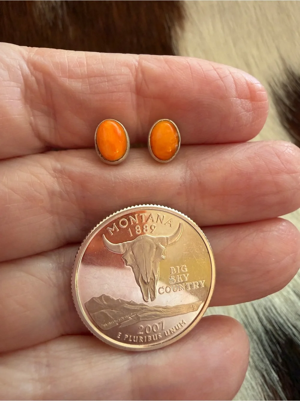 ❤️ Orange Spiny Oyster Navajo Style SouthWestern Minimalist Stud 925 Earrings - Picture 3 of 12